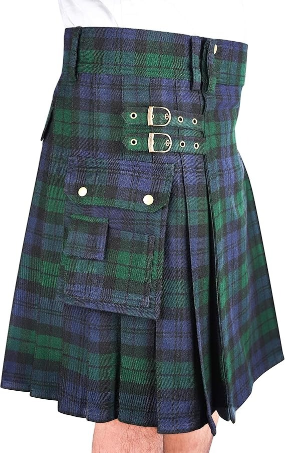 Side view of Black Watch utility kilt showing pleats and pocket