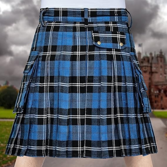 Remsey blue tartan utility kilt showing correct mid-knee length