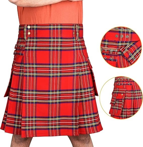 Royal Stuart tartan in red, green, and yellow on a utility kilt