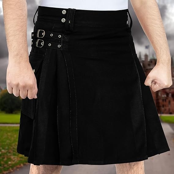 Plain black utility kilt alteration-friendly straps