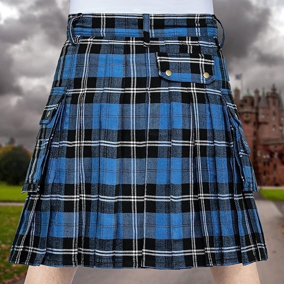 Remsey blue tartan utility kilt showing correct mid-knee length